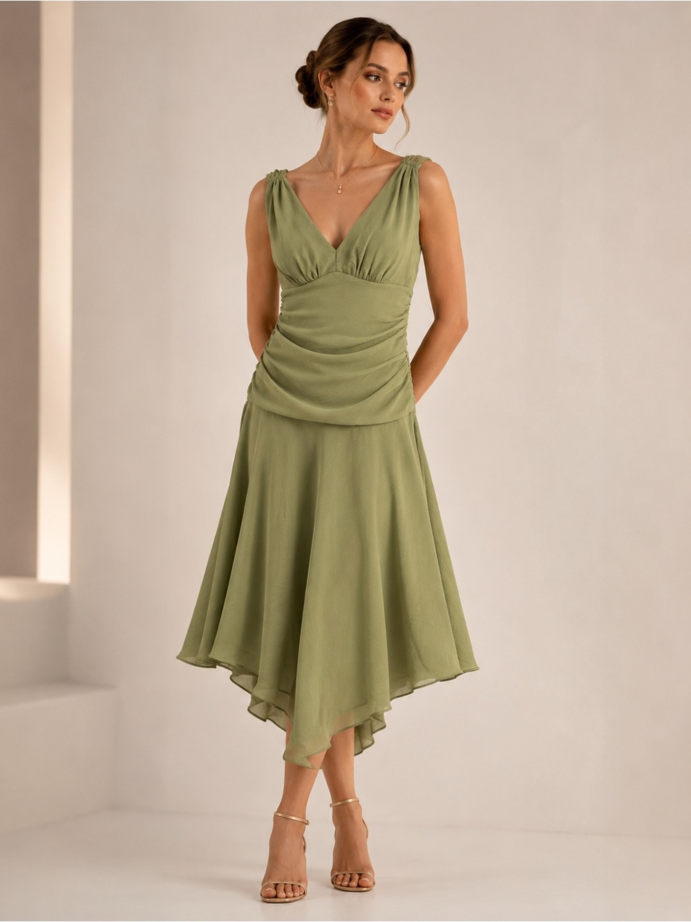 Eliza J Sage Green Ruched Asymmetrical Midi Dress Size 6 Made in USA